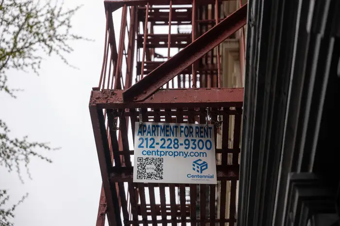 A sign advertising units for rent is displayed outside of a Manhattan building on April 11, 2024 in New York City